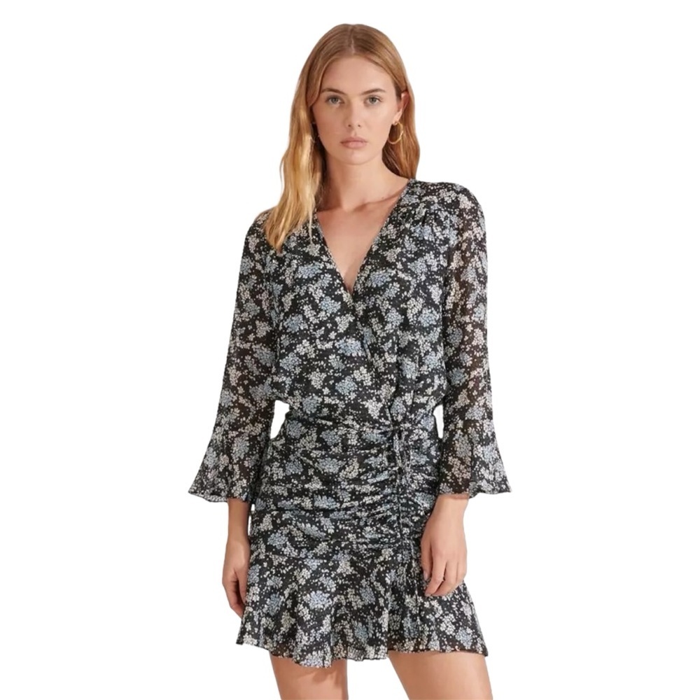 Veronica Beard Sean Silk Floral Wrap Mini Dress Navy Blue Ruched Women’s 10